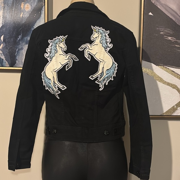 LuLaRoe Jean jacket Harvey Black front with unicorns size XS - Picture 4 of 7